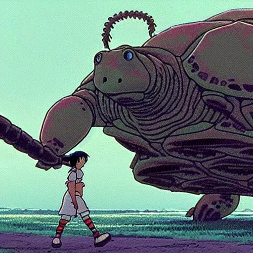 Image similar to a still from princess mononoke ( 1 9 9 7 ) film of a lovecraftian giant mechanized sea turtle, daytime on a baseball field. full body, wide shot, very muted colors, post grunge, studio ghibli, laurie greasley, highly detailed, deviantart, art by artgem