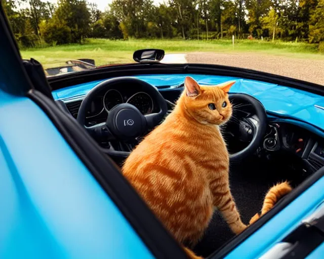 Image similar to top view of convertible, cat sitting in driver seat with paws on steering wheel, golden hour