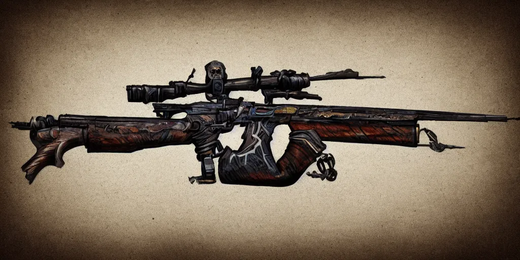 Image similar to an arcane rifle laid out on a table, artstation, intricate