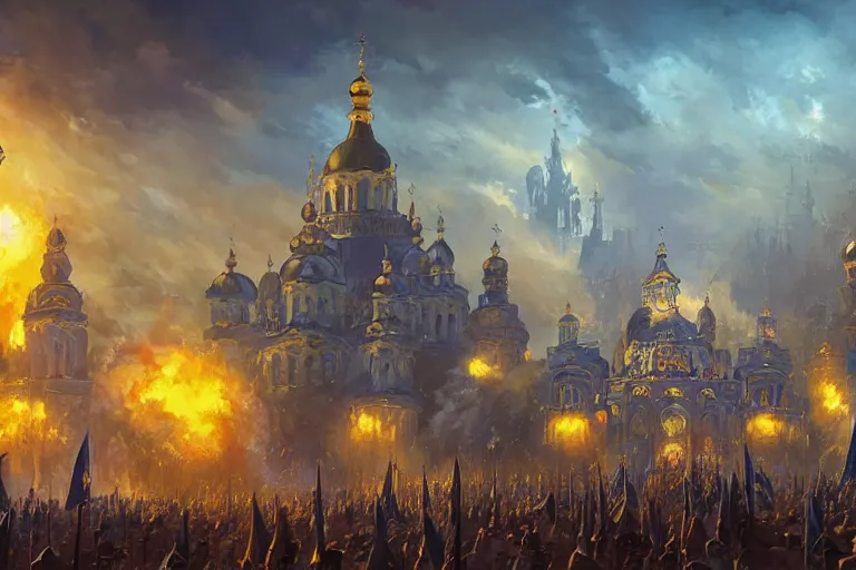 Prompt: kyiv in style of world of warcraft stormwind, kyiv, ukraine, maidan, independence square, khreschatyk, alliance, army of light, illustration in style of darek zabrocki, noah bradley, cinematic