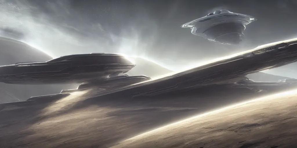 Image similar to a large detailed halo and homeworld spaceship detailed with streamlined design, elegant and beautiful very large and long floating over a barren dry land with an epic cloud formation on the background by James Paick and raphael lacoste , very detailed, octane render, 8k, scary and brooding, scary and dark, canon 24mm lens