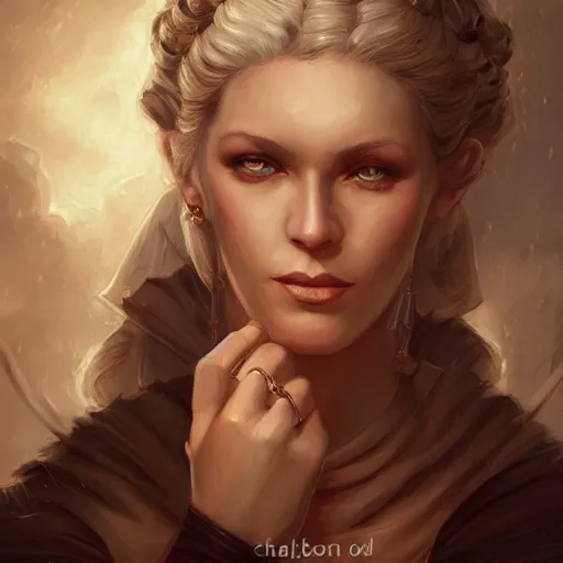 Image similar to a detailed matte head - on portrait painting of an middle - aged half - tiefling noblewoman with golden eyes and short well kept hair, by charlie bowater, lise deharme, wlop, tending on arstation, dungeons and dragon, dnd, pathfinder, fanart, oil on canvas