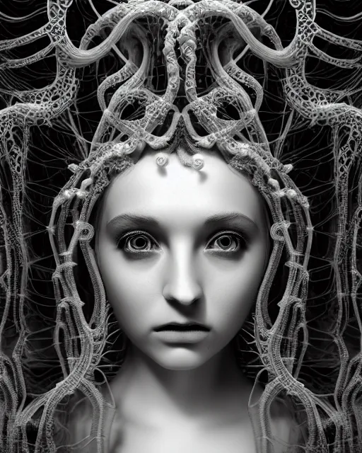 Image similar to surreal mythical dreamy underwater artistic black and white 3 d render of a translucent beautiful young female angelic - medusa - vegetal - doll with her face covered with fish scales, highly detailed, intricate crystal ivy jelly ornate, poetic, translucent algae ornate, digital art, octane render, 8 k artistic photography, photo - realistic, hg giger flora borsi