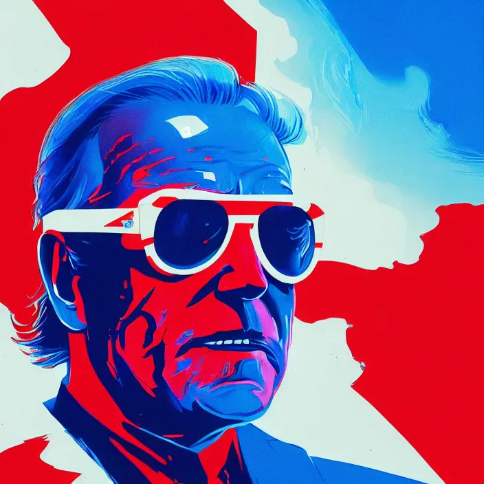 Prompt: portrait of dark joe biden as a cool action hero with sun glasses using the red white and blue nukes. intricate abstract. intricate artwork. by tooth wu, wlop, beeple, dan mumford. octane render, trending on artstation, greg rutkowski very coherent symmetrical artwork. cinematic, hyper realism, high detail, octane render, 8 k, iridescent accents