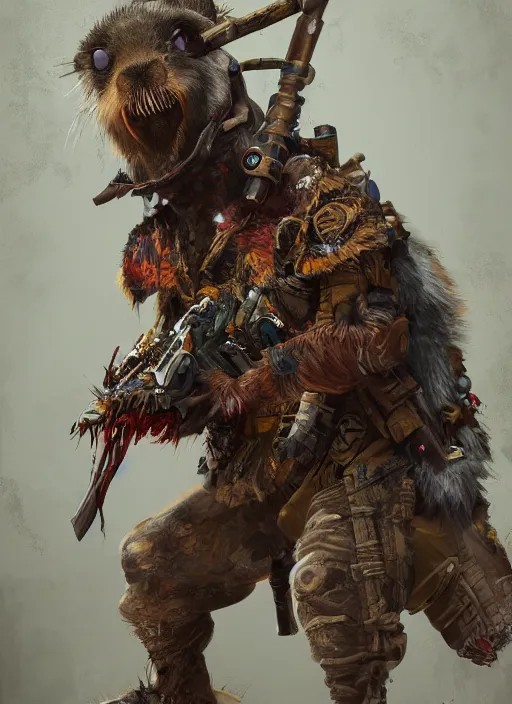 Prompt: detailed full body concept art illustration oil painting of an anthropomorphic capybara zombie hunter in full intricate clothing, biomutant, dystopian, ultra detailed, octane render
