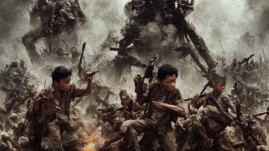 Prompt: A badass photo from a Films about the Indonesian National Revolution by nuri iyem, james gurney, james jean, greg rutkowski, anato finnstark, hyper detailed, 50mm, award winning photography, perfect faces.