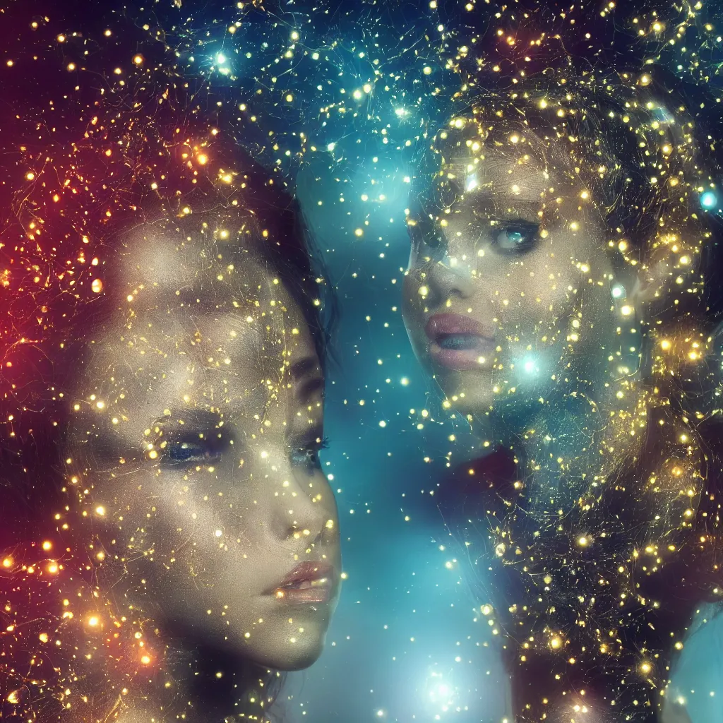 Image similar to portrait of a beautiful futuristic woman layered with high-tech jewelry wrapping around her face and head, golden-silver light with tiny blue, gold, and red gems scattered like dust