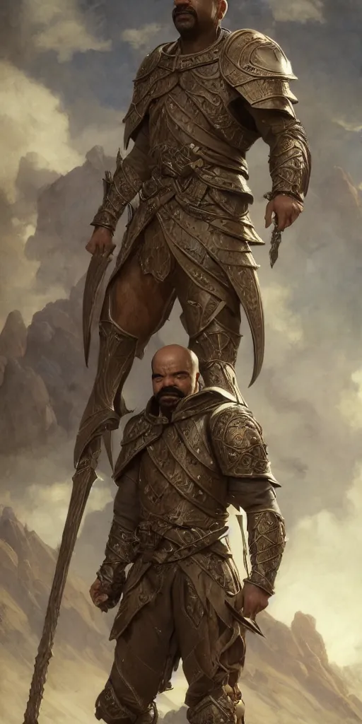 Image similar to jeffrey wright, nomad paladin, muscular and very strong, dungeons and dragons, masterpiece by edgar maxence and ross tran and michael whelan, gustav dore, 8 k, octane render