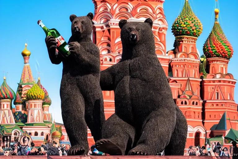 Image similar to a gigantic statue of bear holding a bottle of vodka in the middle of the red square, excited russians, symmetry, awesome exposition, very detailed, highly accurate, 8 k