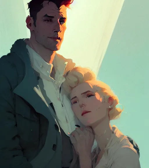 Image similar to portrait of cullen with a beautiful woman he loves by atey ghailan, by greg rutkowski, by greg tocchini, by james gilleard, by joe fenton, by kaethe butcher, dynamic lighting, gradient light blue, brown, blonde cream and white color scheme, grunge aesthetic