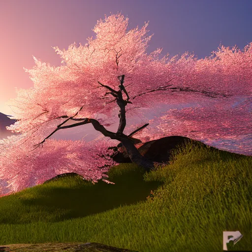 Image similar to a cinematic shot of mount fuji and cherry blossom trees and it's leaves falling on a breezy sunset, 4 k, unreal engine 6,