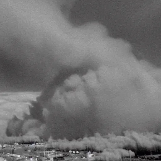 Prompt: combat drone strike war footage, ir, infrared camera, very high contrast, nuclear cloud, high angle vertical, dirty, grainy, noisy, bad drone camera, airwaves, static,