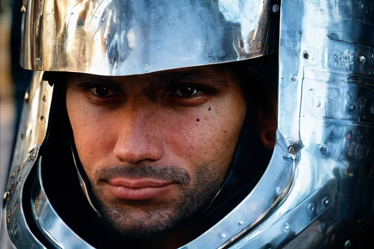Image similar to closeup potrait of man in plate armor at a busy new york intersection, natural light, sharp, detailed face, magazine, press, photo, Steve McCurry, David Lazar, Canon, Nikon, focus