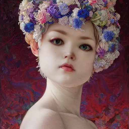 Prompt: white cat girl, botanical, blueberry, portrait face, colorful, frantisek kupka, intricate, miles johnston, kuroda seiki, cynical realism, ozabu, john william godward, painterly, yoshitaka amano, moebius, miles johnston, louise zhang, james jean, mark ryden lowbrow pop surrealism art style