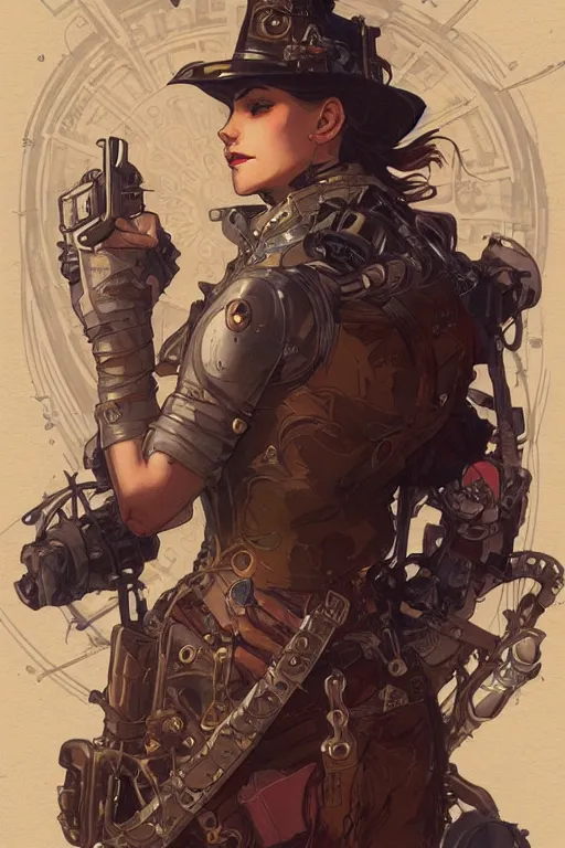 Image similar to steampunk half - cyborg, western gunslinger, smooth, sharp focus, illustration, highly detailed, digital painting, artstation, concept art, by disney animation, rossdraws, alphonse mucha, frank fanzzeta, collectible card art