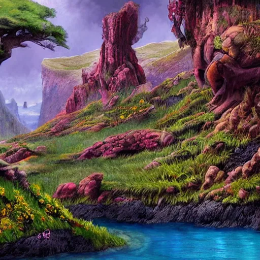 Prompt: fantasy illustration of a lush natural scene on an alien planet by brian millar. detailed. beautiful landscape. colourful weird vegetation. cliffs and water.