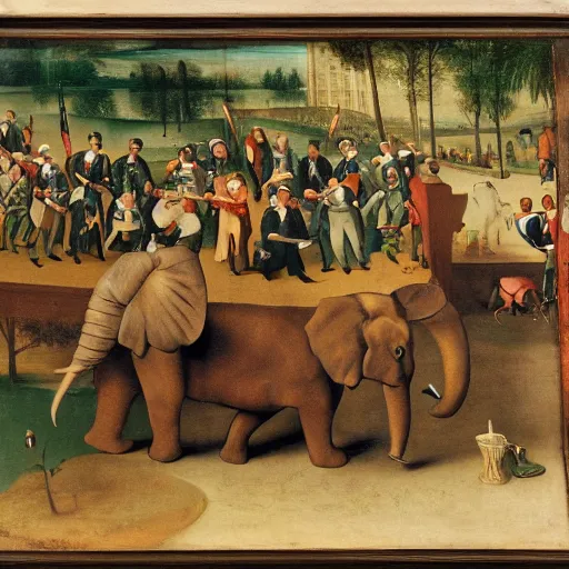 Prompt: a group of politicians partying in dc one riding an elephant money everywhere some smoking cigars, in the style of bruegel