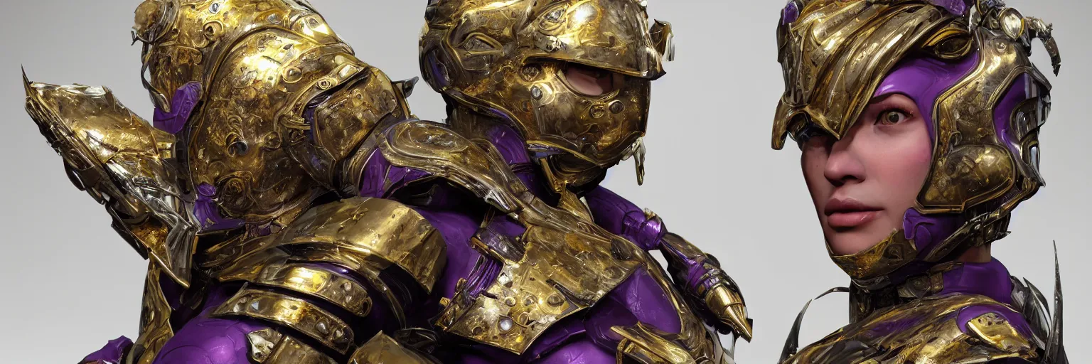 Prompt: Hyper realistic portrait of exquisite futuristic armor set with embellished titanium and gold, purple haze, Cinematic lighting, ultra super good realistic 3D render by Gerald Brom and James Jean, Trending on Artstation, I can't believe how detailed this is, 8k, post processing, sharp focus.