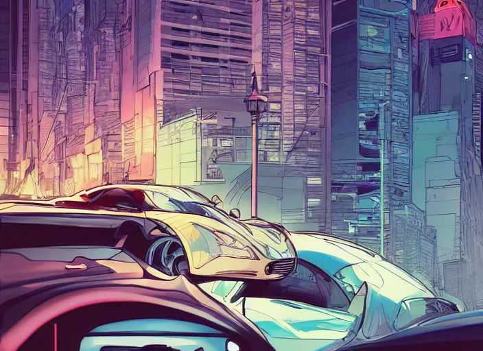 Image similar to a sport car in a city, sharp focus. cinematic pose, cinematic lighting, art by josan gonzales and moebius and deathburger.