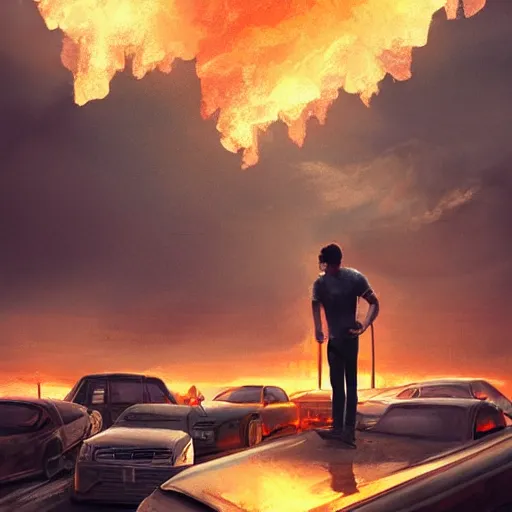 Prompt: man standing on a pile of cars, torch in hand, sunset, concept art, intricate details, highly professionally detailed, cgsociety, highly detailed -