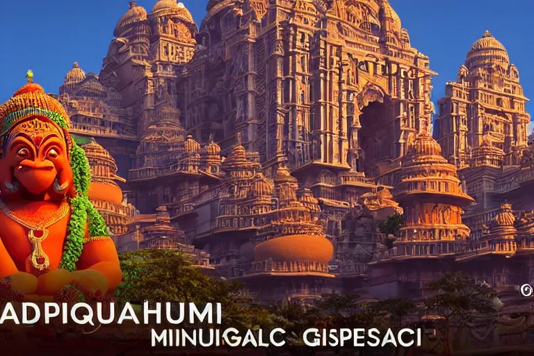 Prompt: high quality 3 d dreamscape! mumbai with biomorphic hanuman!! head building, kalighat detailed, unreal engine cinematic smooth, stephen shore & john j. park, soft morning light, wide shot, high angle, uhd 8 k, deep focus