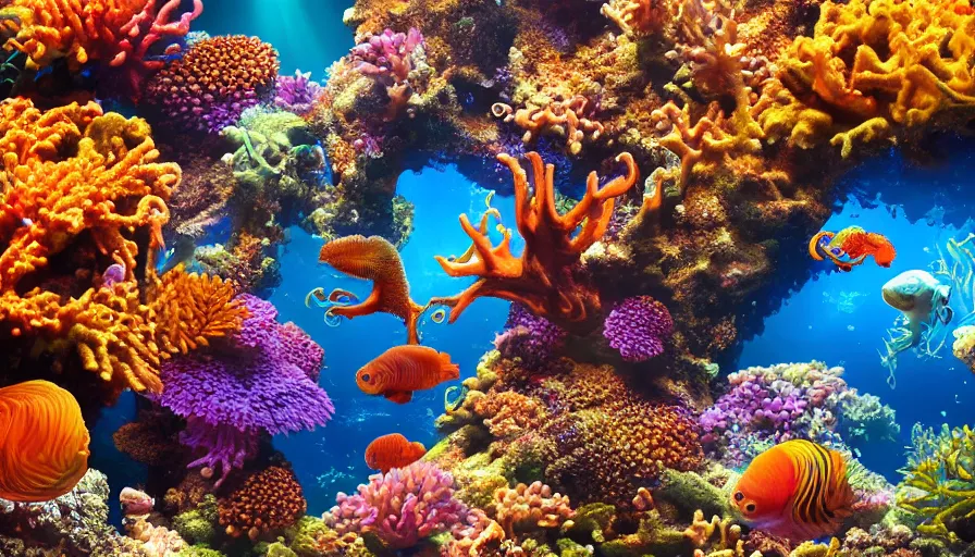 Image similar to a beautiful, noble, giant octopus of exquisite color : 1, underwater scenery, beautiful colorful corals, african cichlids and other species of small tropical sea - life, god - rays, volumetric lighting, 8 k, digital art