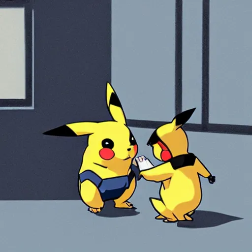 Prompt: A real life pikachu buying drugs from a random dude in a hoodie in an alley, photorealistic art