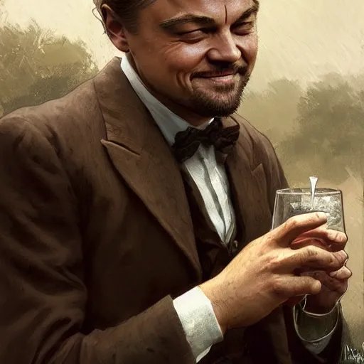 Image similar to leonardo dicaprio from django laughing with a small sherry drink in hand to lips, highly detailed, intricate, digital painting, artstation, sharp focus, illustration, art by jakub rozalski, greg rutkowski, artgerm, tan zi and ayanamikodon and alphonse mucha and wlop