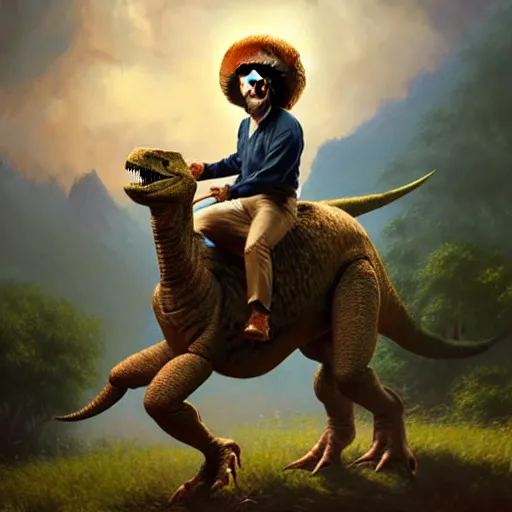 Image similar to bob ross!!! riding!!! a dinosaur!!, giant afro!, model pose, ultra realistic, concept art, intricate details, highly detailed, photorealistic, octane render, 8 k, unreal engine. art by artgerm and greg rutkowski and alphonse mucha