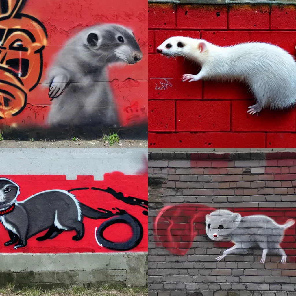 Prompt: ( ( smoke ) * ( backing ) ) + ( ( furry fandom ) * ( ( ferret * weasel * stoat ) * ( red + black ) ) ) = ( wall + graffiti )