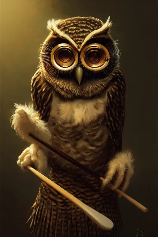 Image similar to portrait of an anthropomorphic owl playing the drums, dramatic lighting, highly detailed, digital painting, artstation, concept art, smooth, sharp focus, illustration, art by wlop, mars ravelo and greg rutkowski