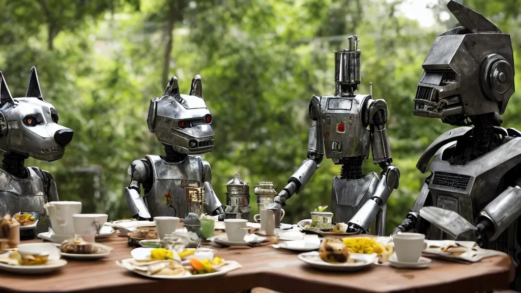 Prompt: film still from the movie chappie of the robot chappie shiny metal outdoor park plants garden scene bokeh depth of field several figures sitting down at a table having a tea party furry anthro anthropomorphic stylized cat ears wolf muzzle head android service droid robot machine fursona