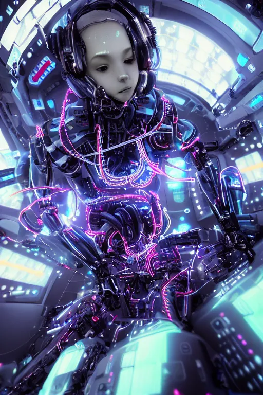 Prompt: dark theme : a full female body of mechanical beautiful girl robot fighter pilot is piloting while all her parts are connected by luminous intricate organic and colorful electric cables and wires and fibers to the jet cockpit with dials and lights and gauges and radar, experiencing the quantum field cinematic highly detailed realistic beautiful cosmic neural network octane render unreal