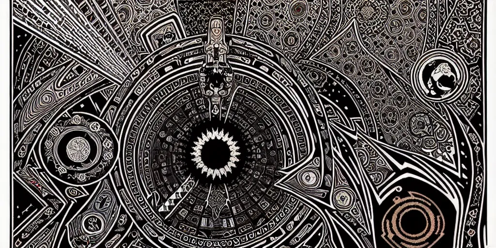 Image similar to ancient ornate carpet, high details, bold line art, by vincent di fate and joe fenton, inking, etching, screen print, masterpiece, trending on artstation, sharp, high contrast, hyper - detailed,, hd, 4 k, 8 k