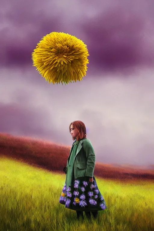 Image similar to portrait, enormous daisy flower head, a girl wearing coat in heather field, surreal photography, wind and cold, dramatic sky, impressionist painting, digital painting, artstation, simon stalenhag