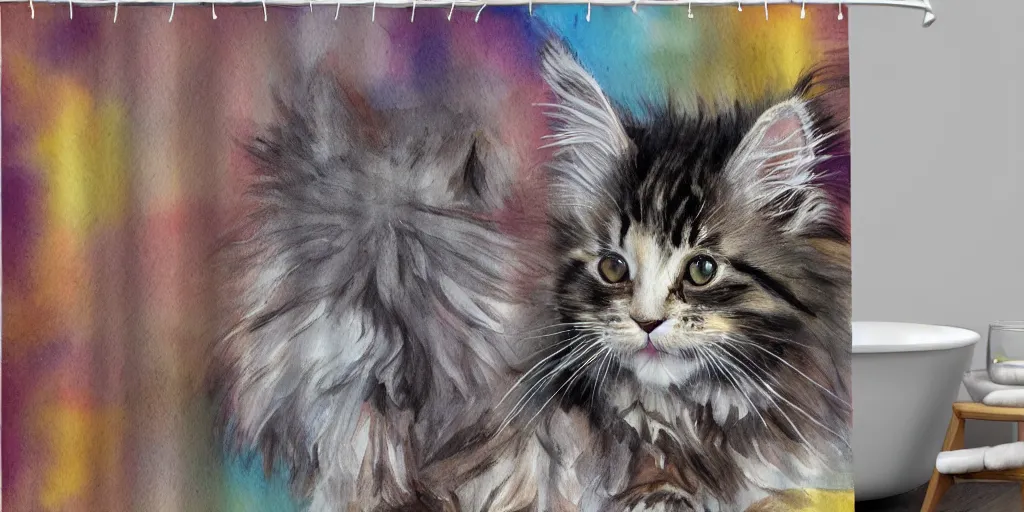 Image similar to shower curtain product catalog. on the curtain is a watercolor with ink under drawing of one maine coon kitten with its toy. wide - angle product photography, product lighting. 4 k, highly detailed. saturated.