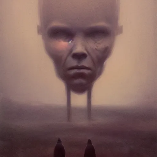 Image similar to a giant face talking to miniscule human, by greg rutkowski + beksinski, atmospheric, cinematic, dramatic colors, horror