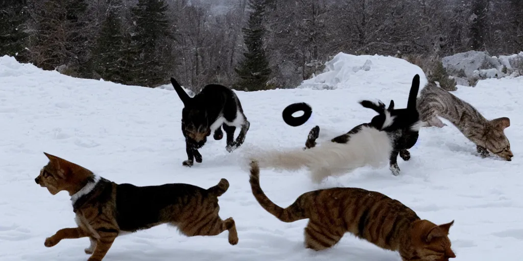 Image similar to a dog is chasing a cat in the top of a snow mountain