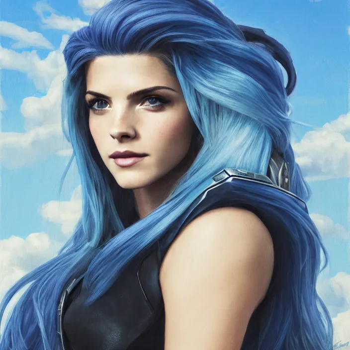 Image similar to portrait of a combination of Ashley Greene, Katheryn Winnick, Victoria Justice, Adriana Dxim, Grace Kelly and Emma Watson with blue hair wearing Interceptor's armor from Anthem, countryside, calm, fantasy character portrait, dynamic pose, above view, sunny day, thunder clouds in the sky, artwork by Jeremy Lipkin and Giuseppe Dangelico Pino and Michael Garmash and Rob Rey and Greg Manchess and Huang Guangjian, very coherent asymmetrical artwork, sharp edges, perfect face, simple form, 100mm