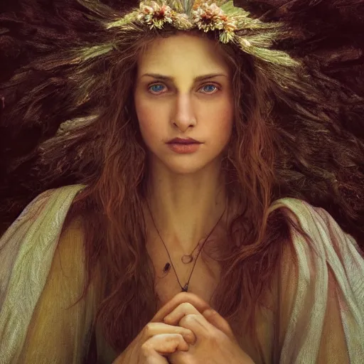 Image similar to photo portrait of a beautiful bewitching female, zeiss lens, detailed, symmetrical, centered, by edward robert hughes, annie leibovitz and steve mccurry, david lazar, jimmy nelsson, greg rutkowski and alphonse mucha, breathtaking, 8 k resolution, extremely detailed, beautiful, establishing shot, artistic, hyperrealistic, beautiful face, octane render