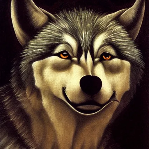 Image similar to realistic wolf fursuit, naturalistic oil painting by michelangelo merisi da caravaggio, chiaroscuro