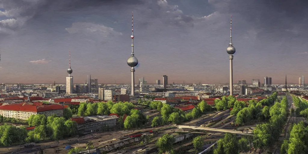 Image similar to berlin skyline with tv tower in the style of raja ravi varma, high detail, realism, 4 k, hdr, digital art, concept art, trending on artstation