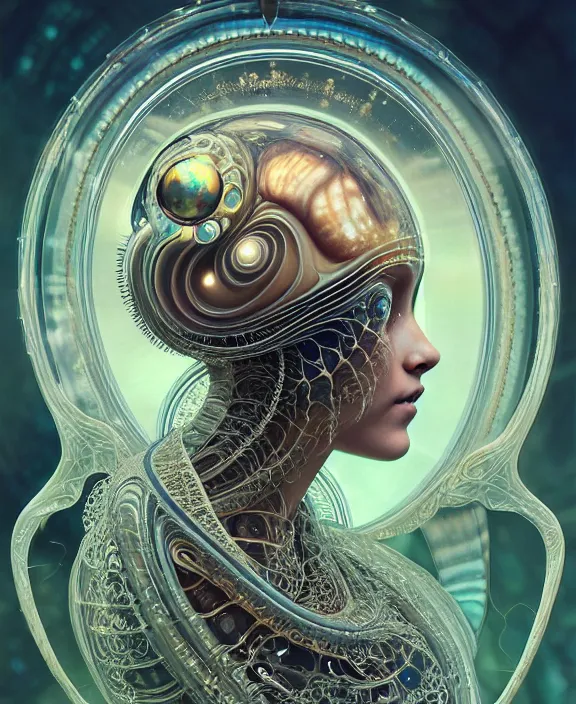 Image similar to intricate ornate opulent transparent clear see - through portrait of a cybernetic beautiful alien nautilus, mottled coloring, adorable, childlike, pastoral environment, ultra realistic, concept art, art nouveau, photorealistic, octane render, 8 k, unreal engine. art by christopher marley and artgerm and greg rutkowski and alphonse mucha