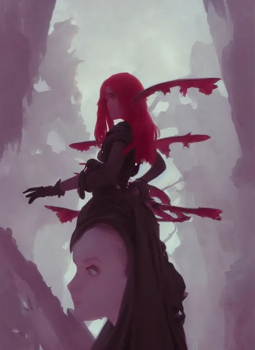 Image similar to portrait of a cute goth girl making a blood sacrifice, painting by sargent and leyendecker, studio ghibli, fantasy, medium shot, asymmetrical, intricate, elegant, matte painting, hearthstone, crimson gradient, by greg rutkowski and greg tocchini and james gilleard and joe fenton and greg manchess