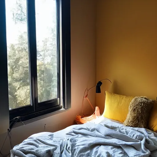 Prompt: a trendy Instagram bedroom furring golden hour, warm sunlight, yellow light, 4K