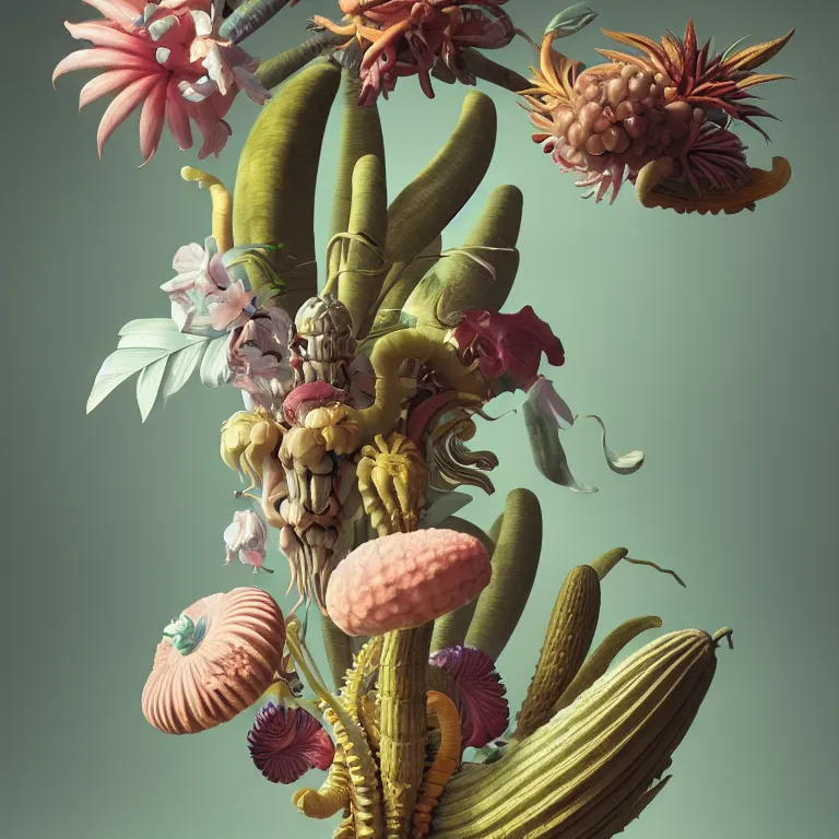 Image similar to still life of surreal alien pastel tropical flowers, surreal alien ribbed tropical fruit, white human spine, baroque painting, beautiful detailed intricate insanely detailed octane render, 8K artistic photography, photorealistic, chiaroscuro, Raphael, Caravaggio