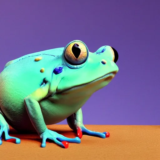 Prompt: A fat blue frog with a white belly standing, staring at rayman