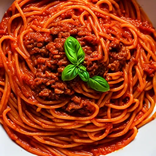 Image similar to hyperrealistic top view photo of spaghetti with bolognese sauce