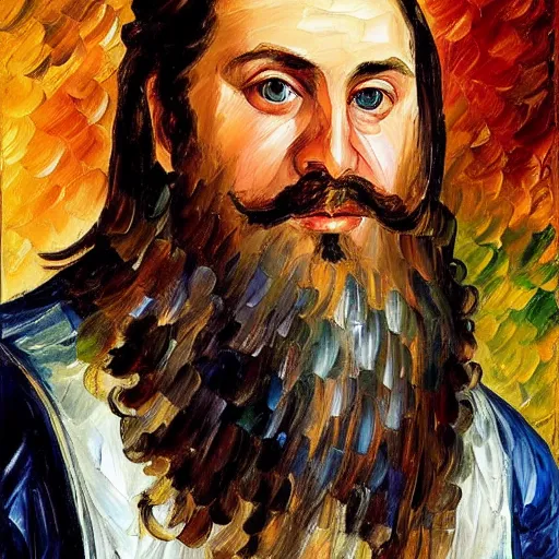 Prompt: portrait of a middle aged medieval nobleman with a long face, long brown hair and a closely - trimmed beard which is beginning to go grey. by leonid afremov
