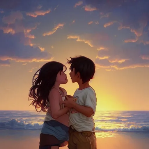 Prompt: a boy hugging a crying girl on the beach sunset cartoon, hyper realistic, extremely detailed, raytracing, art by artgerm, greg rutkowski and alphonse mucha, artstation, octane render